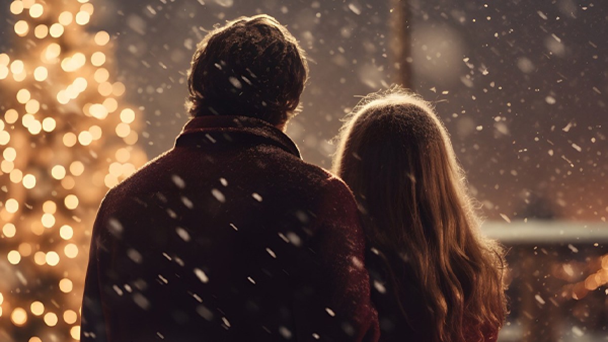 Couple embracing in snowfall, facing a lit Christmas tree at night.